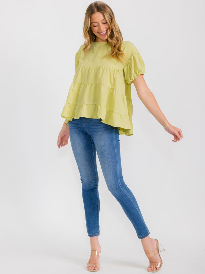 WOMEN'S SHORT SLEEVES TIERED HIGH-LOW LOOSE FIT TUNIC BLOUSE