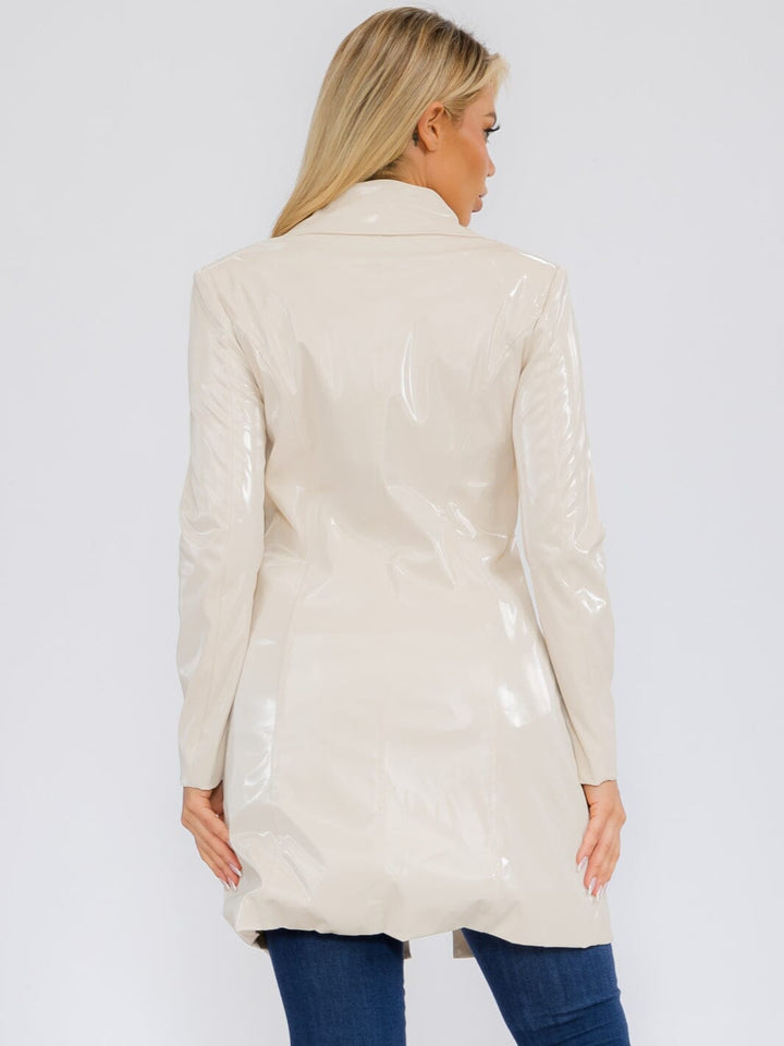 WOMEN'S LONG SLEEVE BUTTON CLOSURE PU PLEATHER COAT