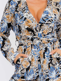 WOMEN'S LONG SLEEVE V-NECK SURPLICE POCKETS LEAF PRINT JUMPSUIT