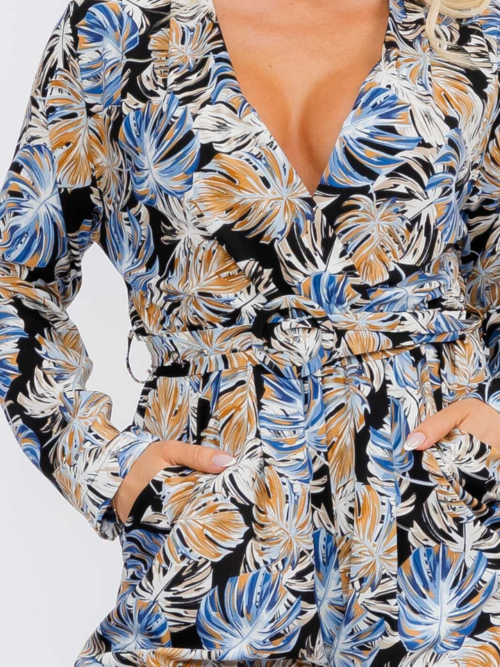WOMEN'S LONG SLEEVE V-NECK SURPLICE POCKETS LEAF PRINT JUMPSUIT