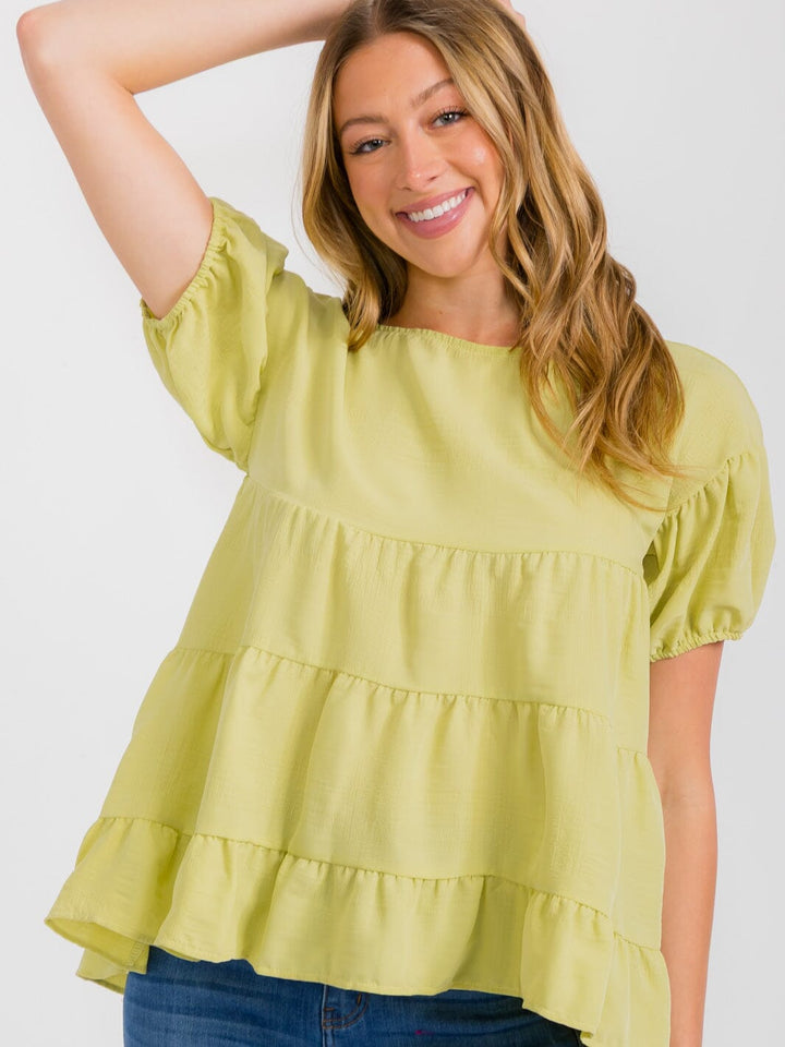 WOMEN'S SHORT SLEEVES TIERED HIGH-LOW LOOSE FIT TUNIC BLOUSE