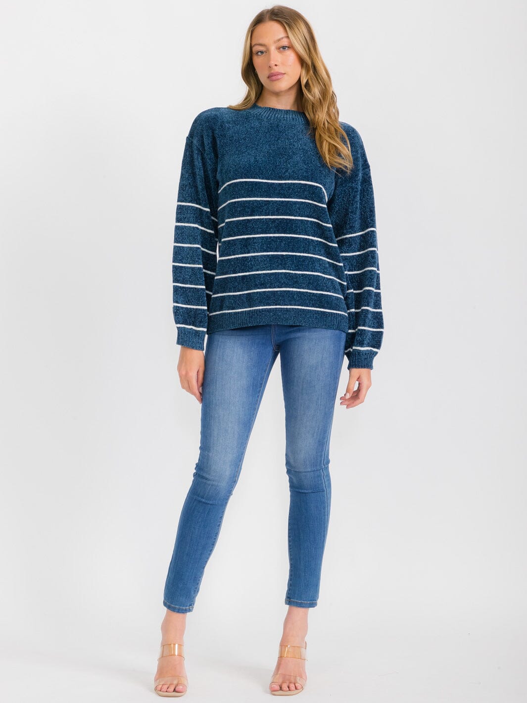 WOMEN'S LONG SLEEVE COLORBLOCK STRIPES PULLOVER SWEATER
