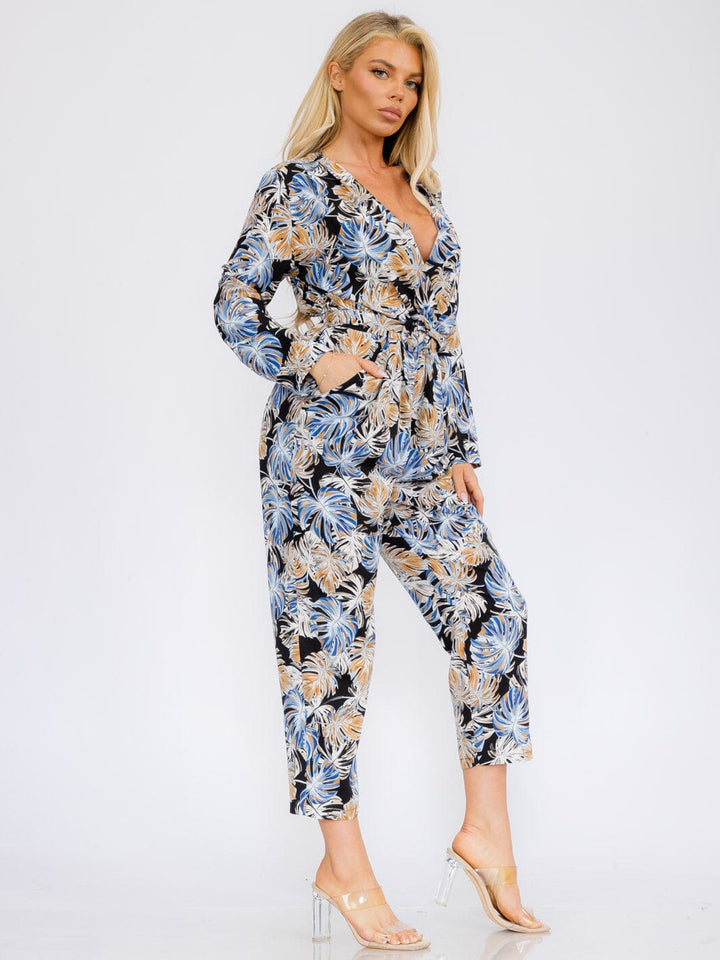 WOMEN'S LONG SLEEVE V-NECK SURPLICE POCKETS LEAF PRINT JUMPSUIT