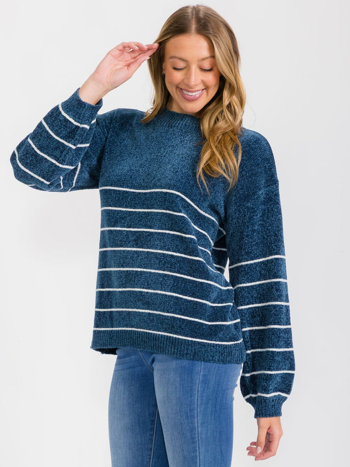 WOMEN'S LONG SLEEVE COLORBLOCK STRIPES PULLOVER SWEATER