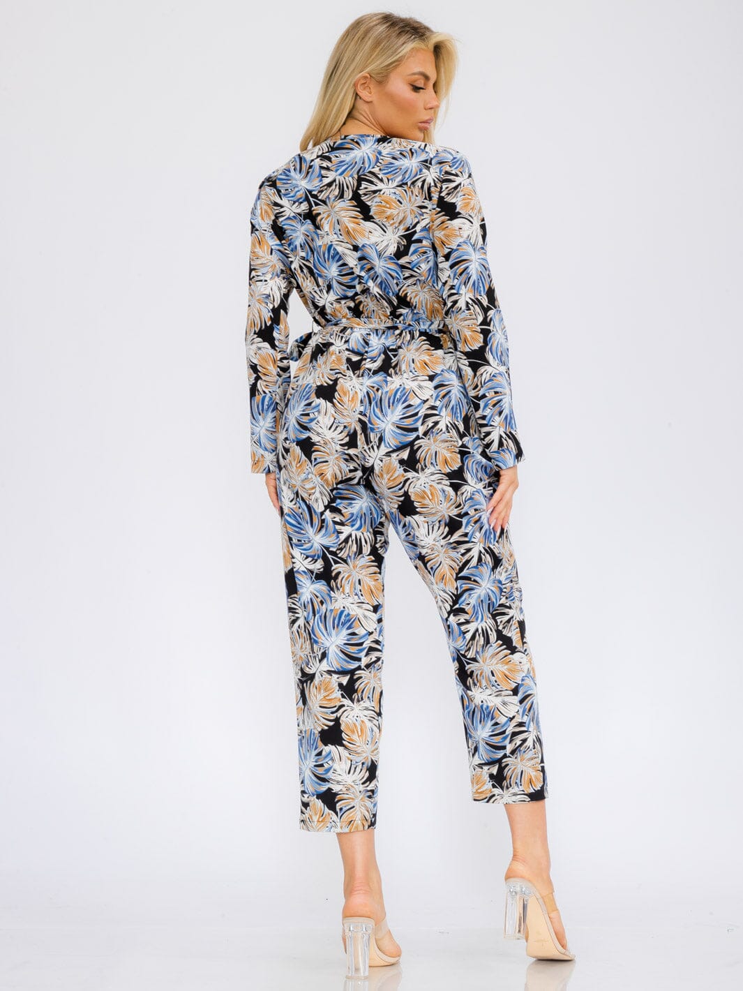 WOMEN'S LONG SLEEVE V-NECK SURPLICE POCKETS LEAF PRINT JUMPSUIT