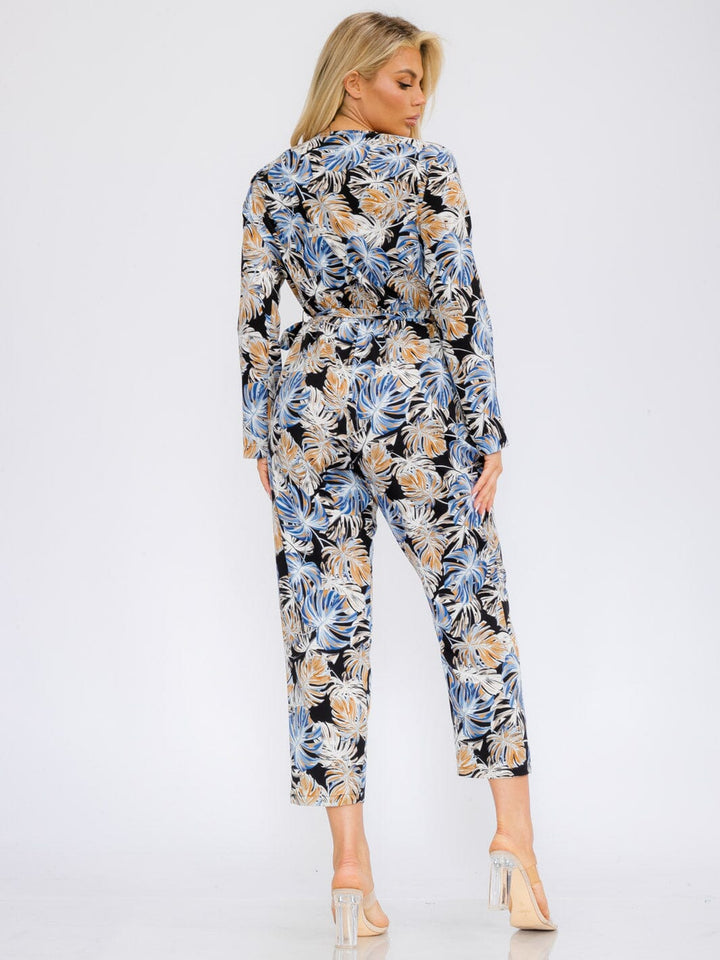 WOMEN'S LONG SLEEVE V-NECK SURPLICE POCKETS LEAF PRINT JUMPSUIT