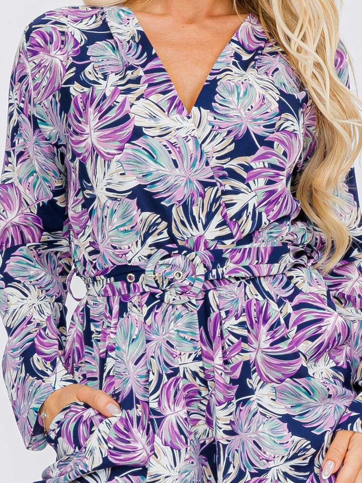 WOMEN'S LONG SLEEVE V-NECK SURPLICE POCKETS LEAF PRINT JUMPSUIT
