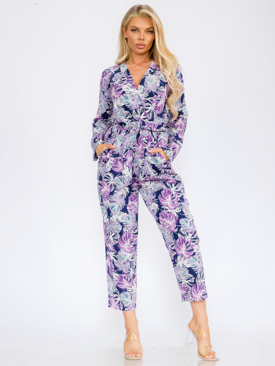 WOMEN'S LONG SLEEVE V-NECK SURPLICE POCKETS LEAF PRINT JUMPSUIT