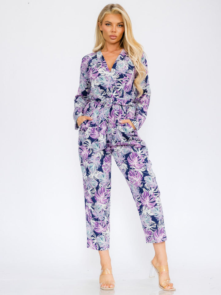 WOMEN'S LONG SLEEVE V-NECK SURPLICE POCKETS LEAF PRINT JUMPSUIT