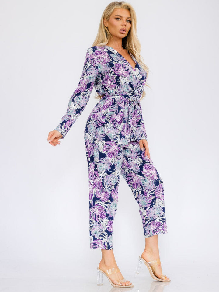 WOMEN'S LONG SLEEVE V-NECK SURPLICE POCKETS LEAF PRINT JUMPSUIT