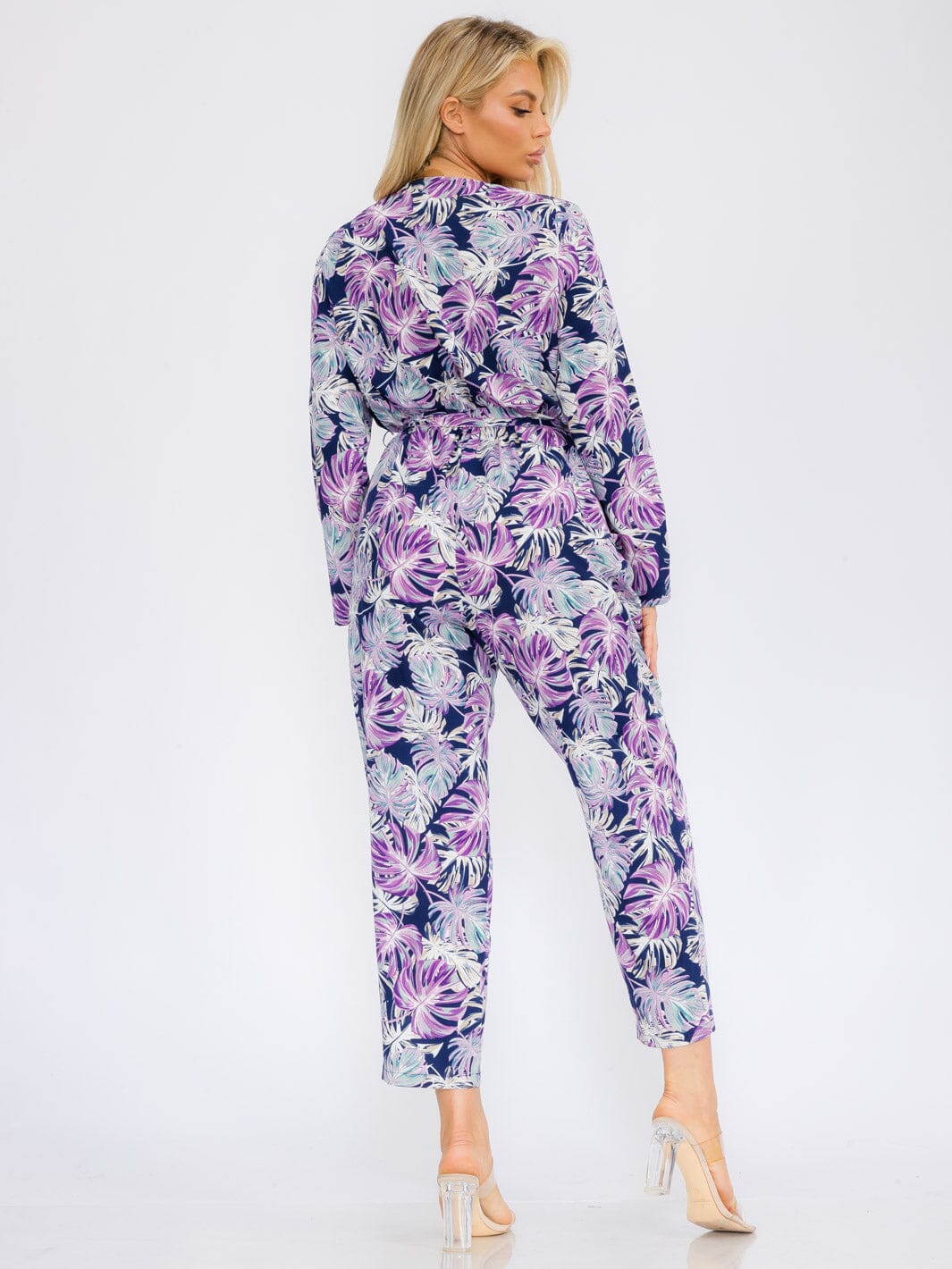 WOMEN'S LONG SLEEVE V-NECK SURPLICE POCKETS LEAF PRINT JUMPSUIT