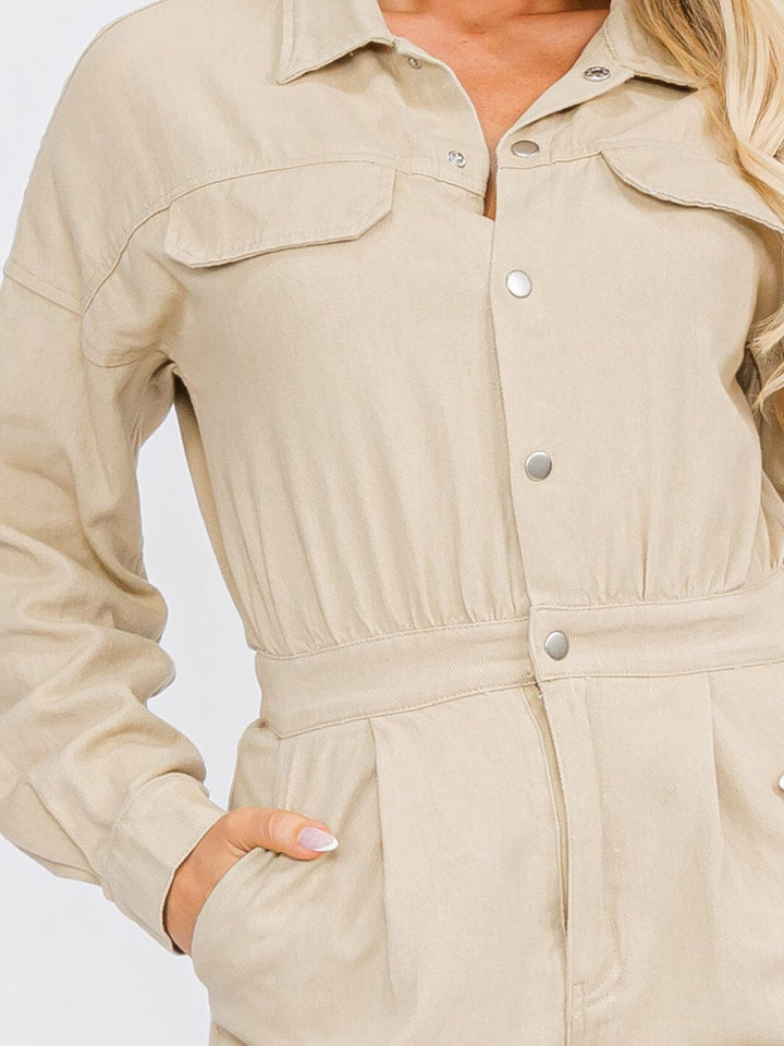 WOMEN'S LONG SLEEVE BUTTON UP POCKETS WIDE LEG DENIM JUMPSUIT