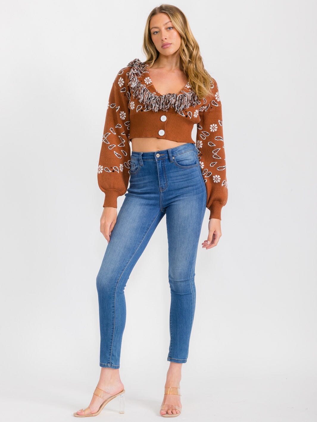 WOMEN'S LONG SLEEVES BUTTON CLOSURE MULTI PRINT CROP TOP