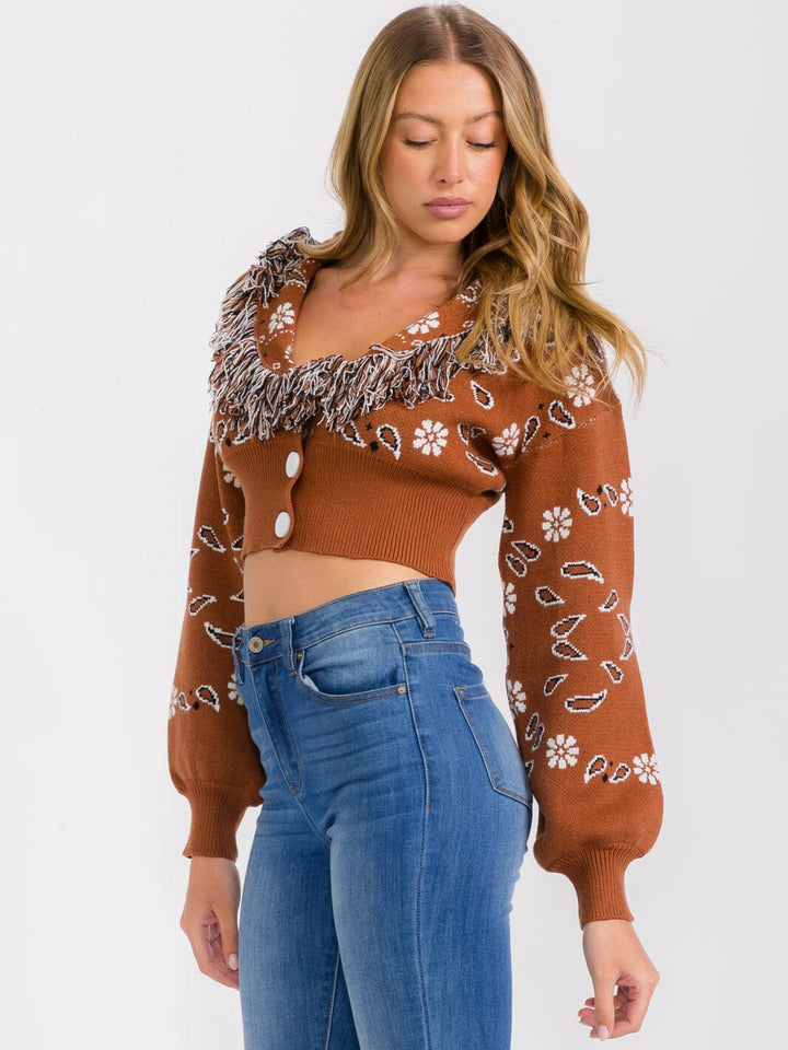 WOMEN'S LONG SLEEVES BUTTON CLOSURE MULTI PRINT CROP TOP