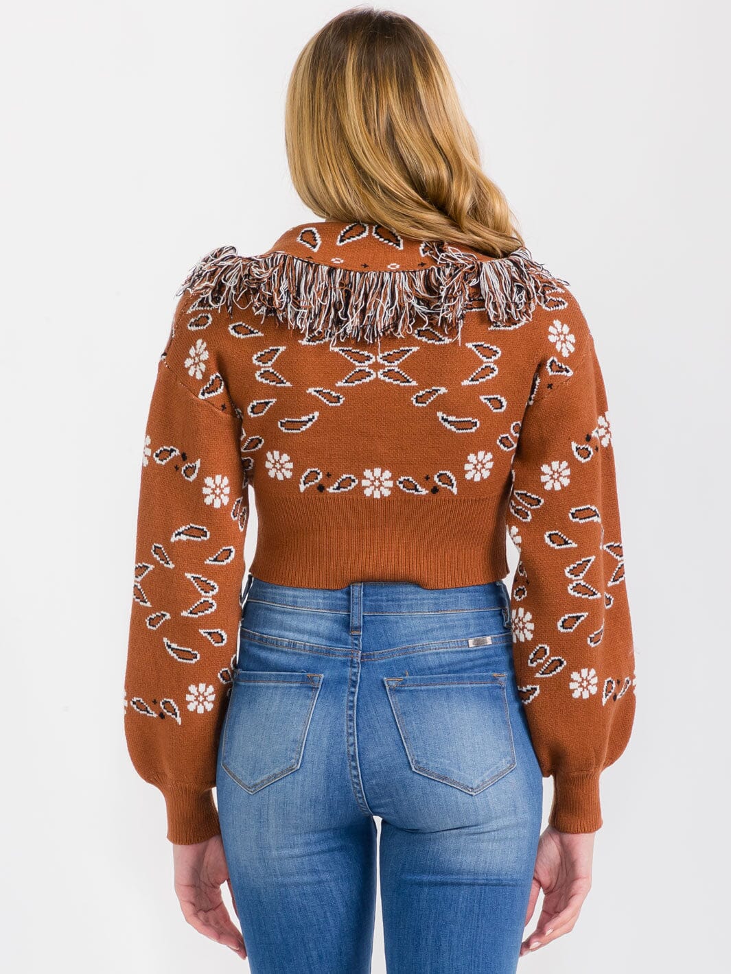 WOMEN'S LONG SLEEVES BUTTON CLOSURE MULTI PRINT CROP TOP