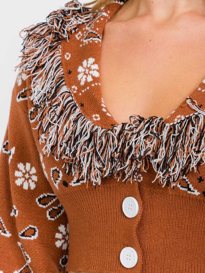 WOMEN'S LONG SLEEVES BUTTON CLOSURE MULTI PRINT CROP TOP