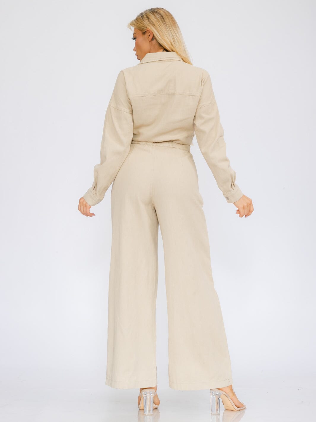 WOMEN'S LONG SLEEVE BUTTON UP POCKETS WIDE LEG DENIM JUMPSUIT