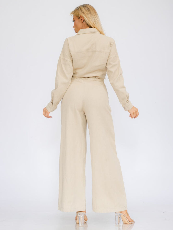 WOMEN'S LONG SLEEVE BUTTON UP POCKETS WIDE LEG DENIM JUMPSUIT