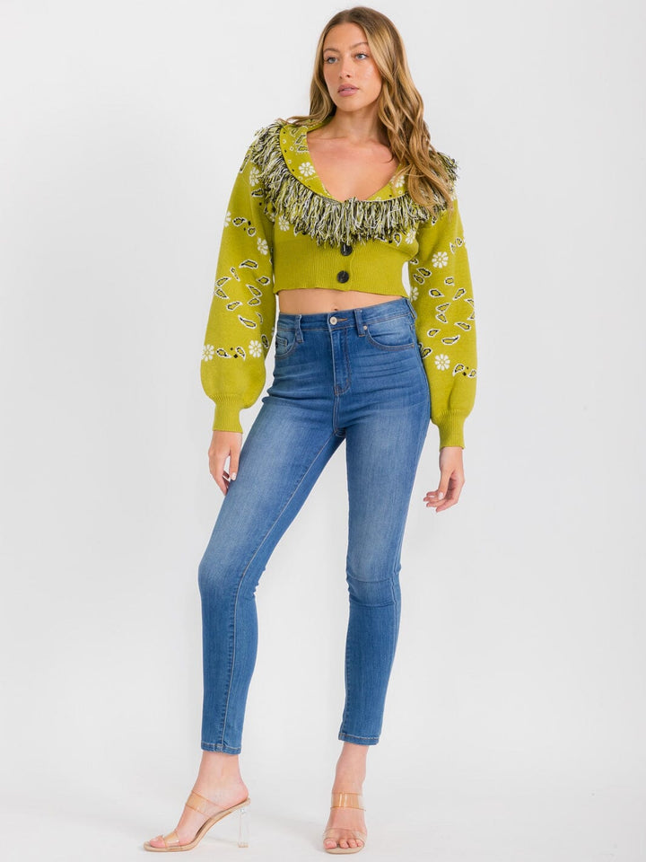 WOMEN'S LONG SLEEVES BUTTON CLOSURE MULTI PRINT CROP TOP