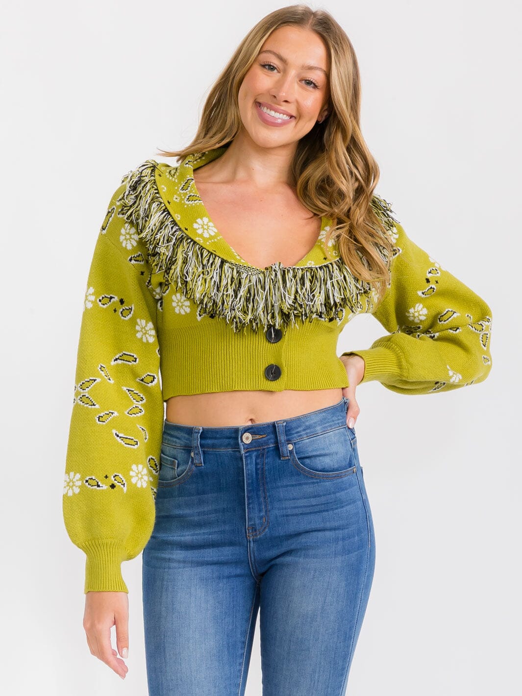 WOMEN'S LONG SLEEVES BUTTON CLOSURE MULTI PRINT CROP TOP