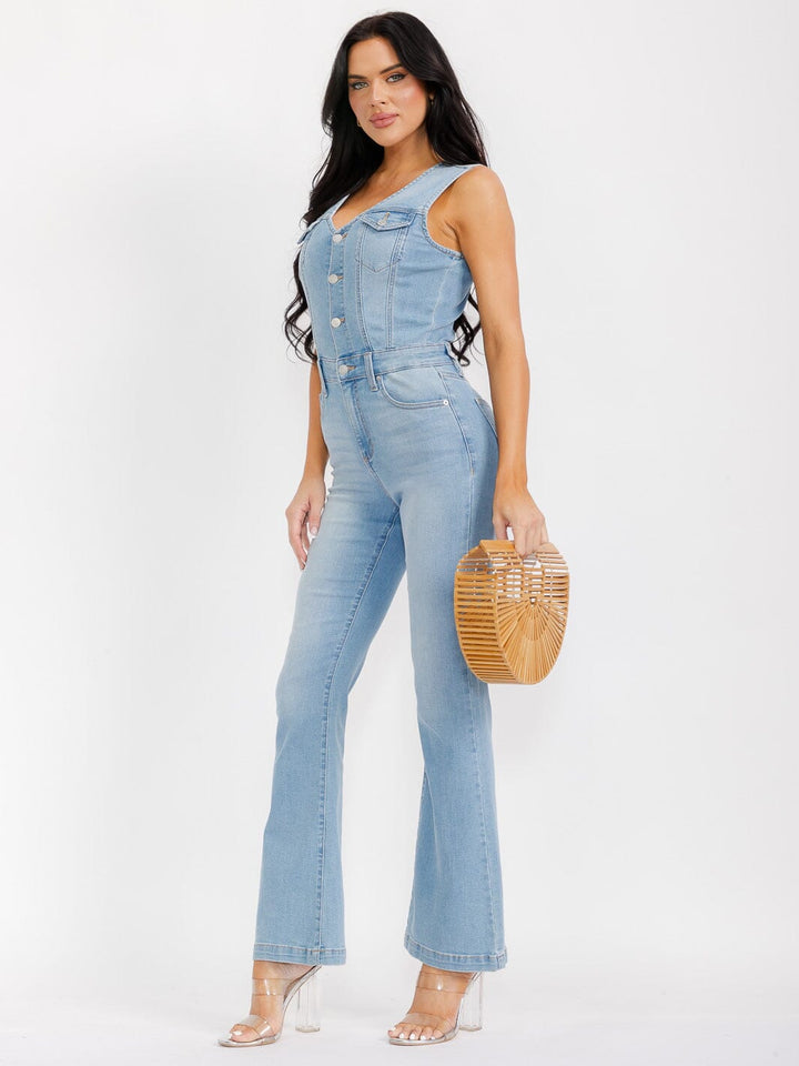 WOMEN'S SLEEVELESS POCKETS BUTTON UP BELL LEG DENIM JUMPSUIT
