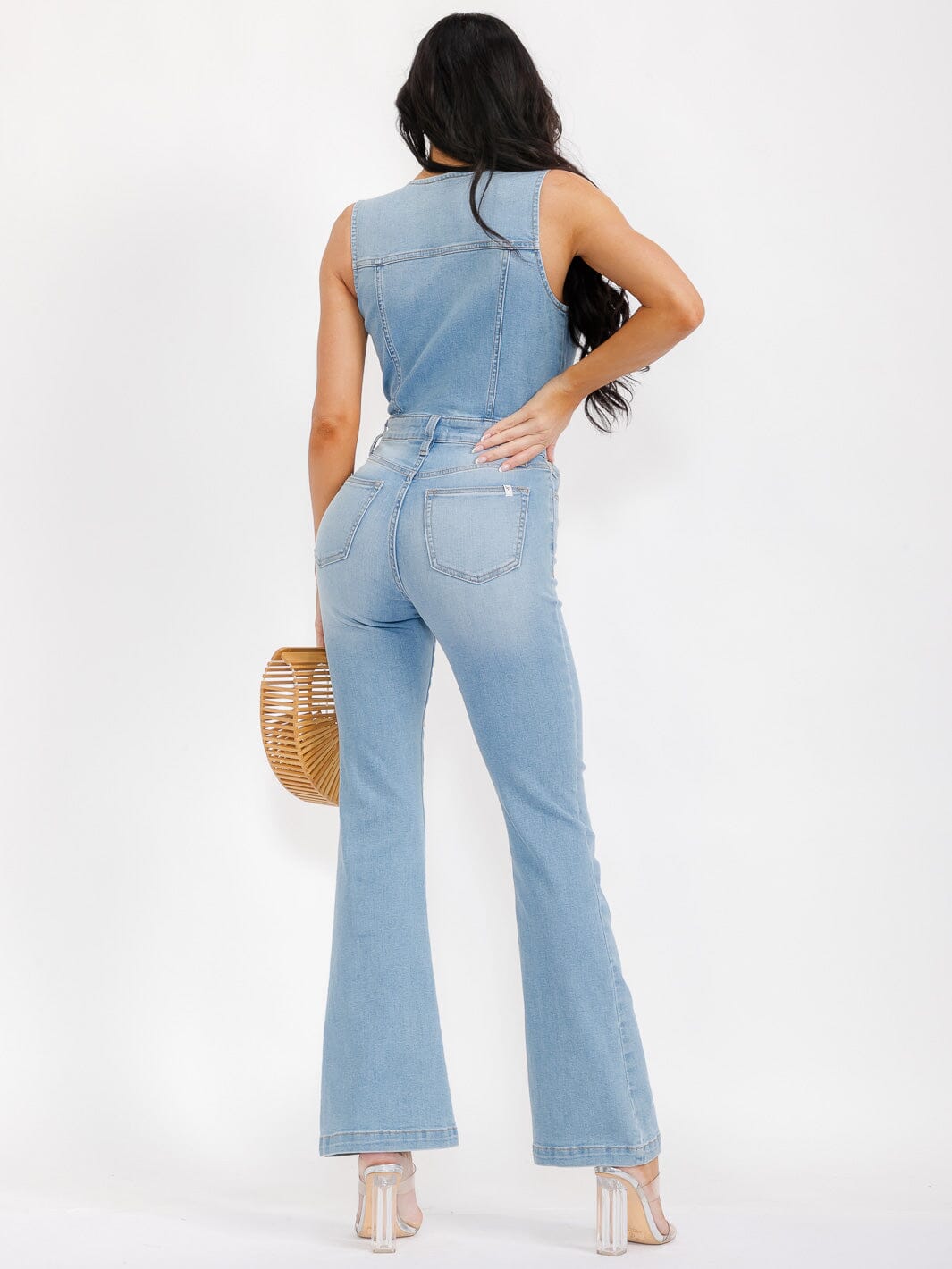 WOMEN'S SLEEVELESS POCKETS BUTTON UP BELL LEG DENIM JUMPSUIT