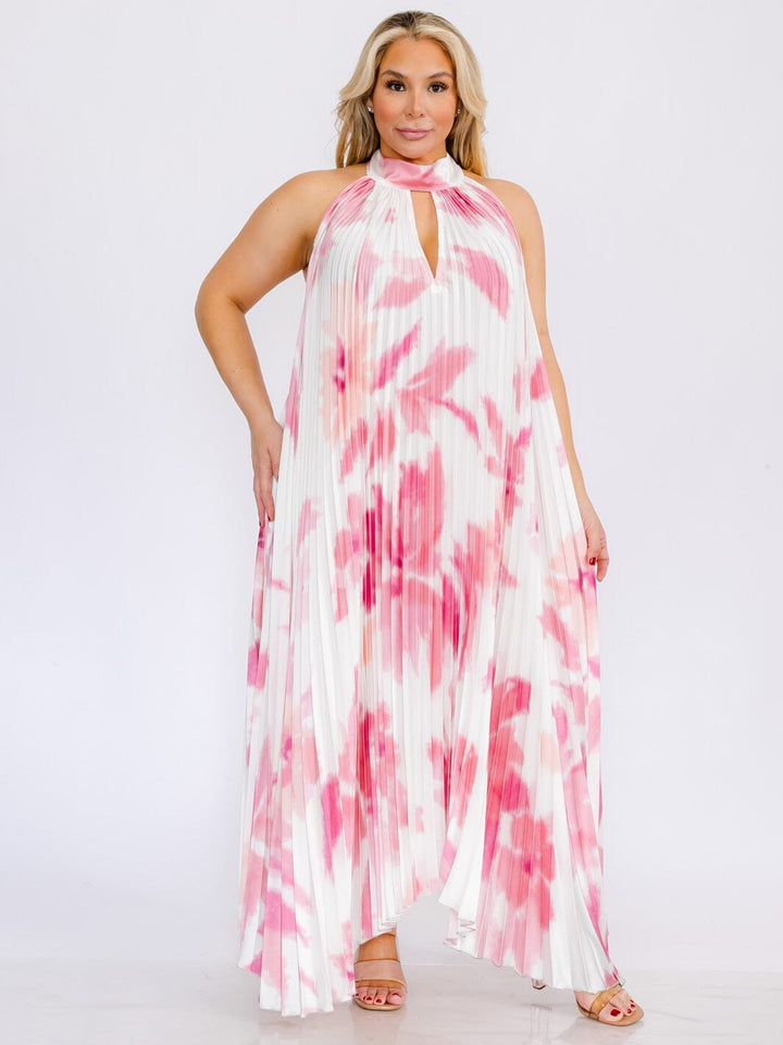 PLUS SIZE SLEEVELESS KEY HOLE OPEN BACK TIE DYE MAXI DRESS