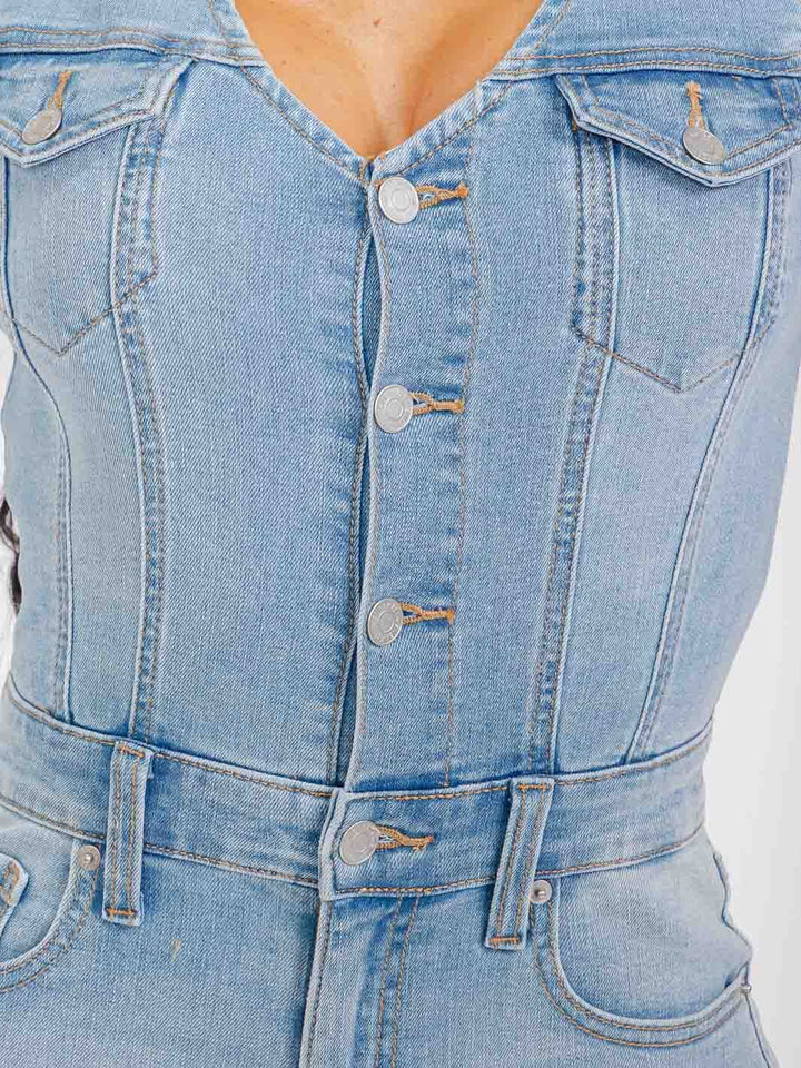 WOMEN'S SLEEVELESS POCKETS BUTTON UP BELL LEG DENIM JUMPSUIT
