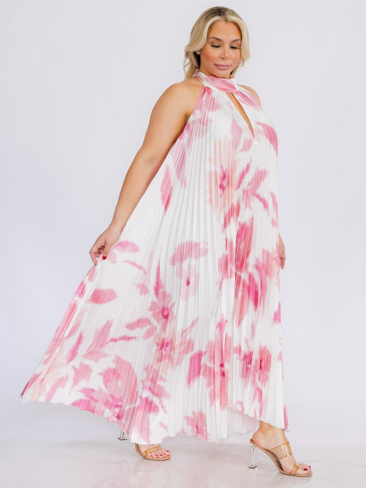 PLUS SIZE SLEEVELESS KEY HOLE OPEN BACK TIE DYE MAXI DRESS