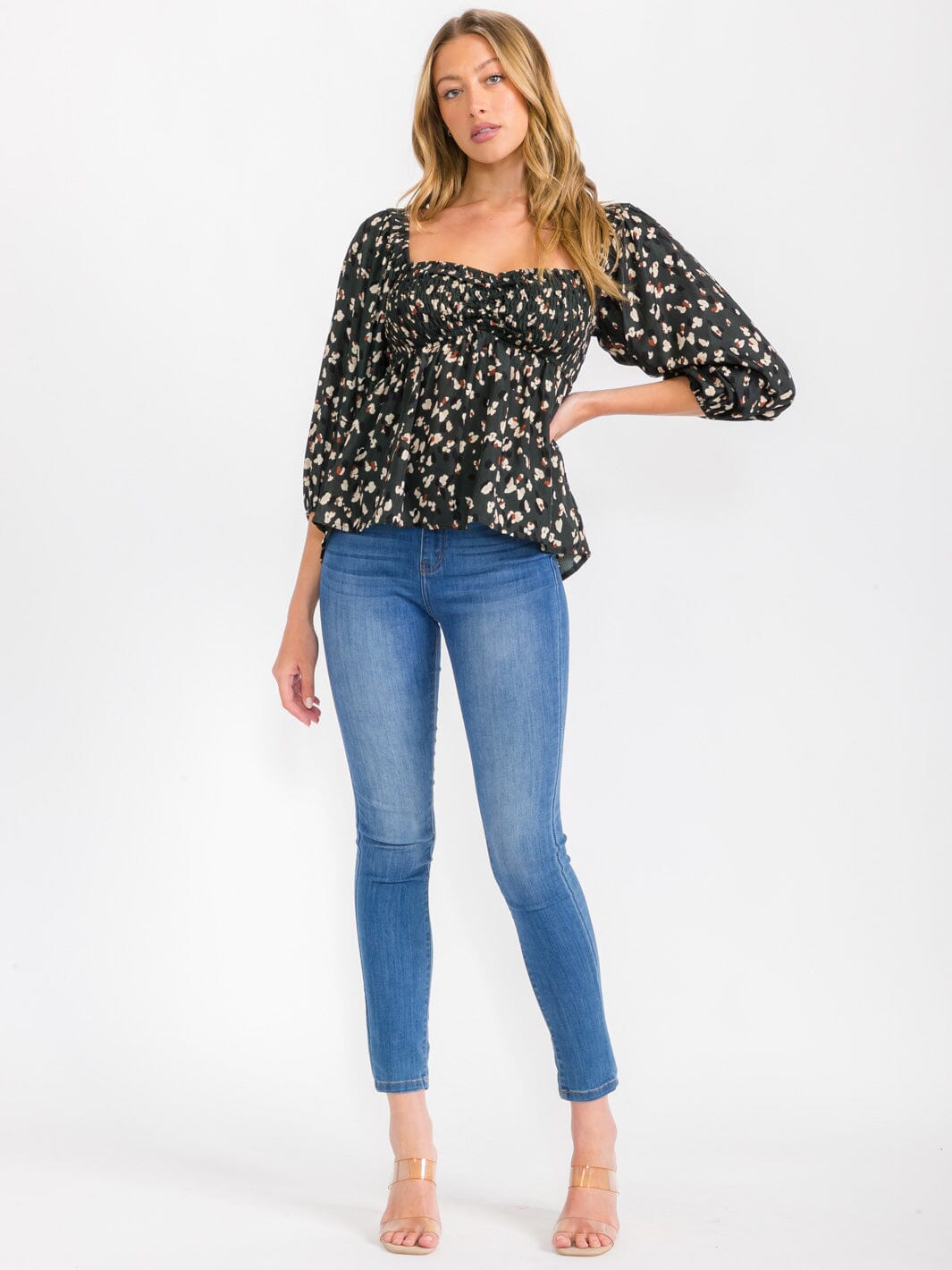 WOMEN'S 3/4 SLEEVES SQUARE NECK HIGH-LOW LOOSE FIT FLORAL BLOUSE