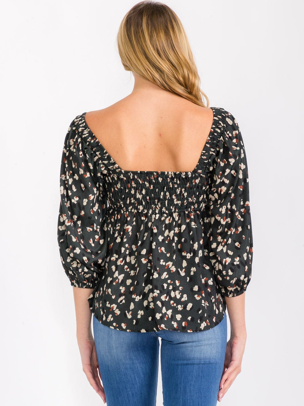 WOMEN'S 3/4 SLEEVES SQUARE NECK HIGH-LOW LOOSE FIT FLORAL BLOUSE