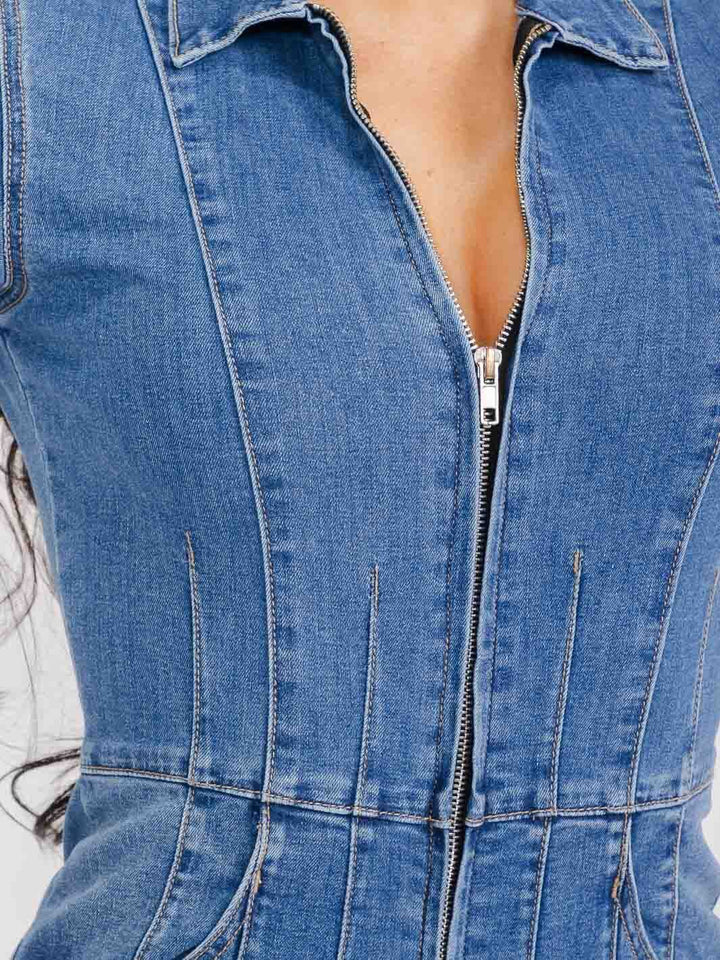 WOMEN'S SHORT SLEEVE POCKETS ZIP UP WASHED DENIM ROMPER