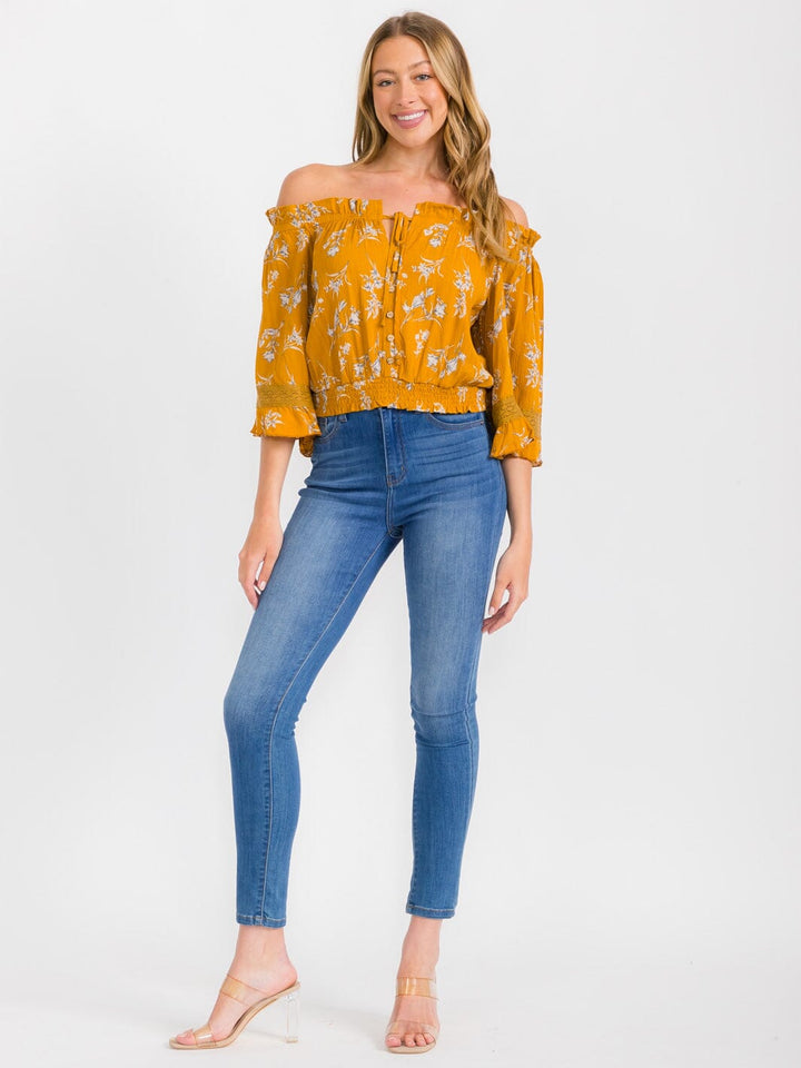 WOMEN'S 3/4 SLEEVES OFF SHOULDER BUTTON CLOSURE FLORAL BLOUSE