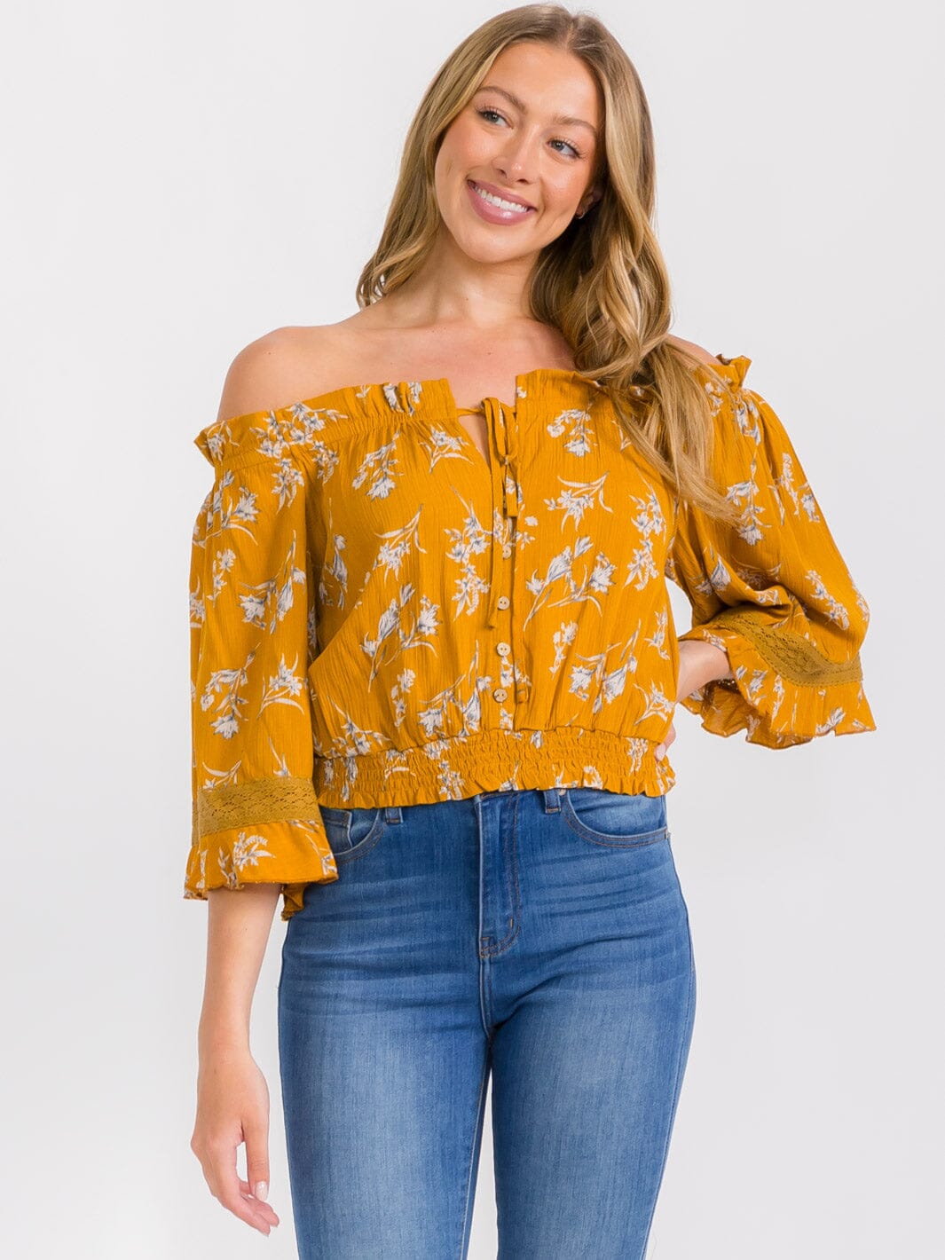 WOMEN'S 3/4 SLEEVES OFF SHOULDER BUTTON CLOSURE FLORAL BLOUSE