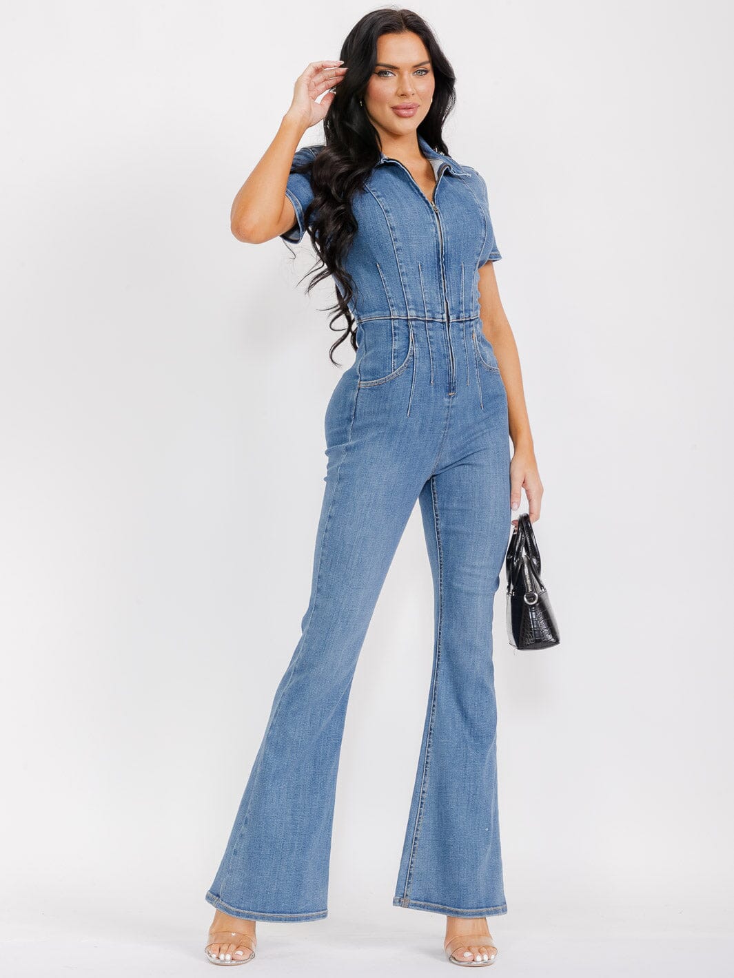 WOMEN'S SHORT SLEEVE POCKETS ZIP UP BELL LEG DENIM JUMPSUIT