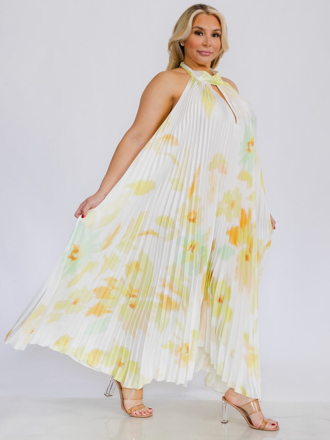 PLUS SIZE SLEEVELESS KEY HOLE OPEN BACK TIE DYE MAXI DRESS