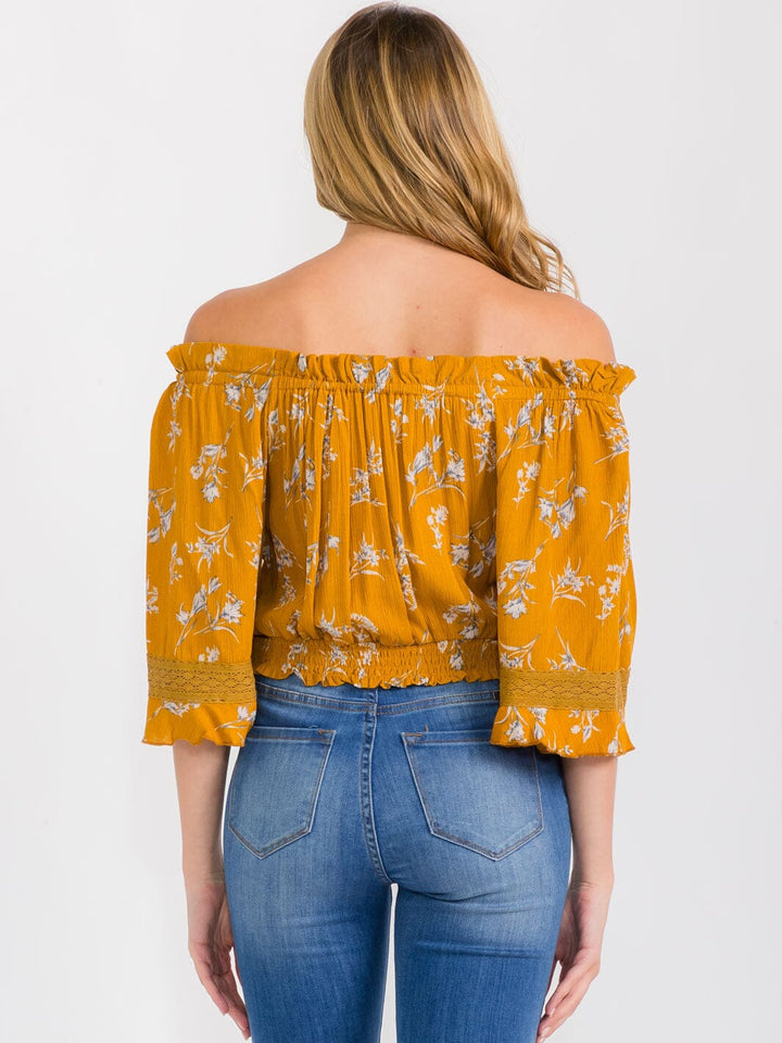 WOMEN'S 3/4 SLEEVES OFF SHOULDER BUTTON CLOSURE FLORAL BLOUSE