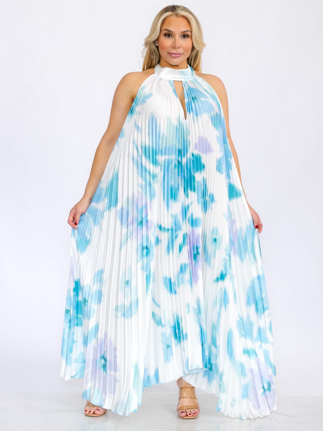PLUS SIZE SLEEVELESS KEY HOLE OPEN BACK TIE DYE MAXI DRESS