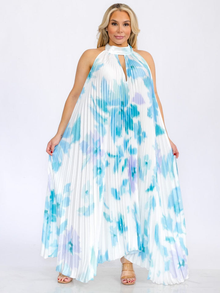 PLUS SIZE SLEEVELESS KEY HOLE OPEN BACK TIE DYE MAXI DRESS