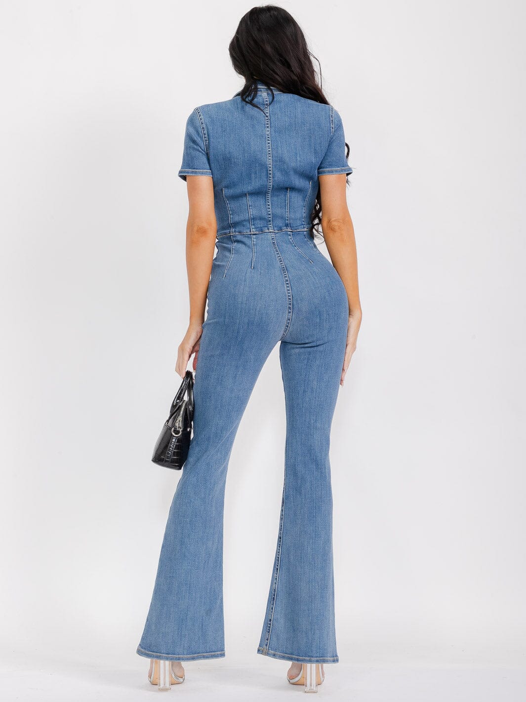 WOMEN'S SHORT SLEEVE POCKETS ZIP UP BELL LEG DENIM JUMPSUIT
