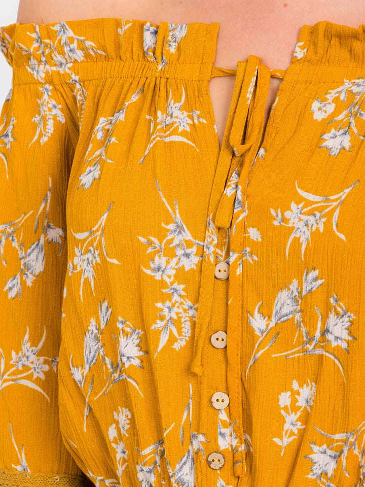 WOMEN'S 3/4 SLEEVES OFF SHOULDER BUTTON CLOSURE FLORAL BLOUSE