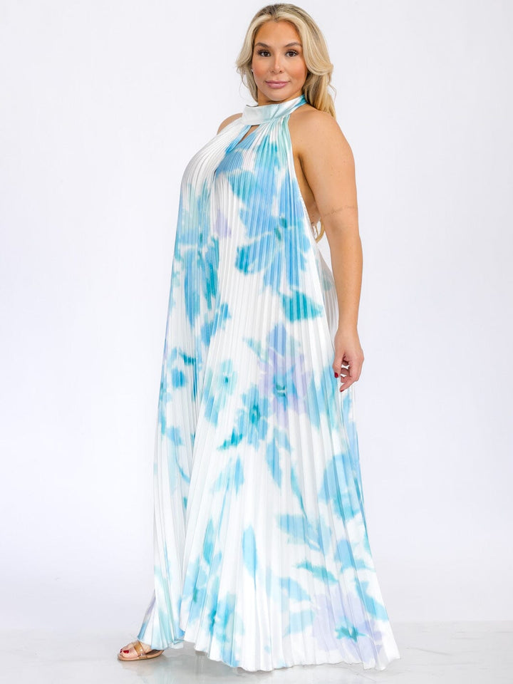 PLUS SIZE SLEEVELESS KEY HOLE OPEN BACK TIE DYE MAXI DRESS
