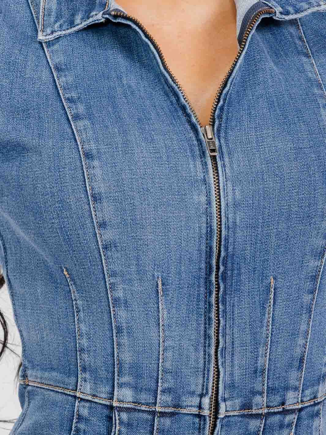 WOMEN'S SHORT SLEEVE POCKETS ZIP UP BELL LEG DENIM JUMPSUIT