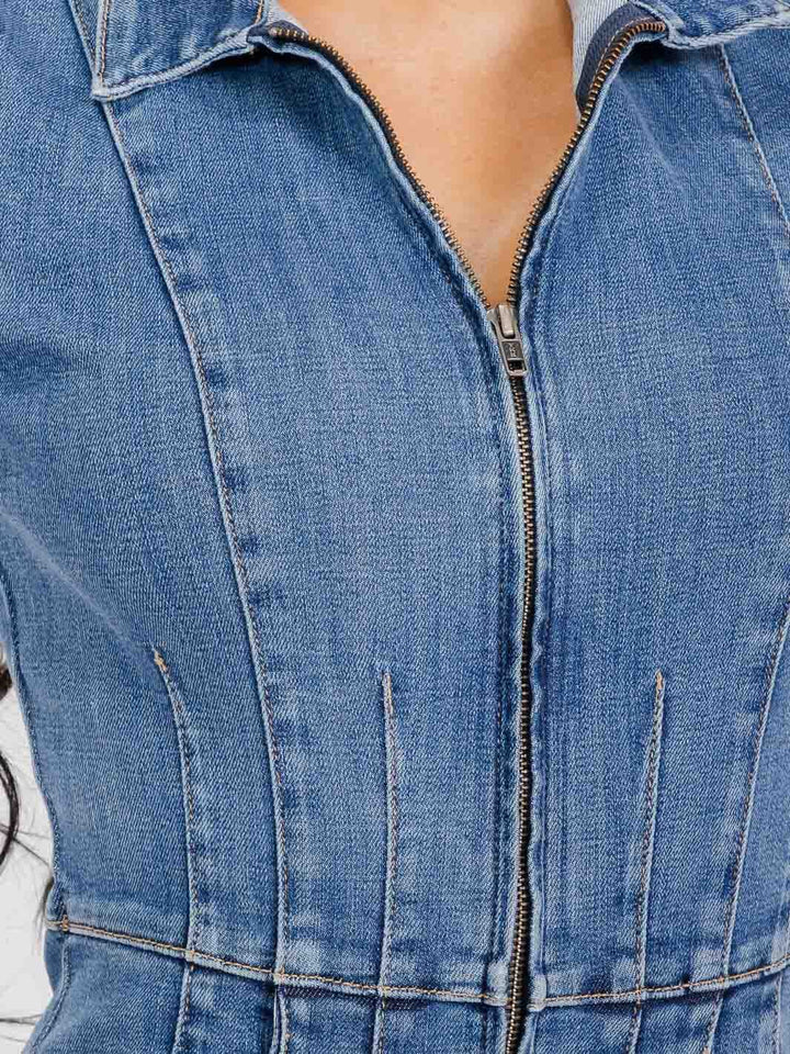 WOMEN'S SHORT SLEEVE POCKETS ZIP UP BELL LEG DENIM JUMPSUIT