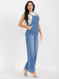 WOMEN'S SLEEVELESS POCKETS ZIP UP WIDE LEG DENIM OVERALL