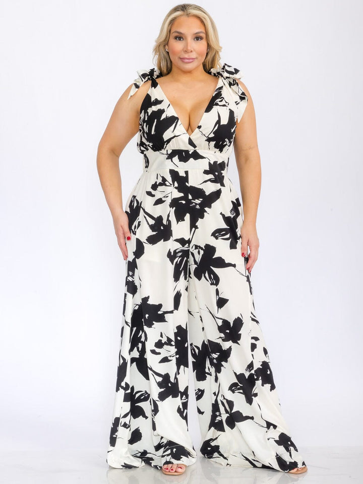 PLUS SIZE SLEEVELESS V-NECK OPEN BACK FLORAL WIDE LEG JUMPSUIT