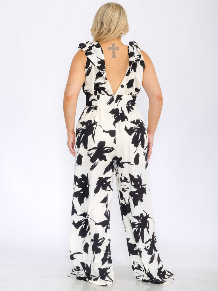 PLUS SIZE SLEEVELESS V-NECK OPEN BACK FLORAL WIDE LEG JUMPSUIT