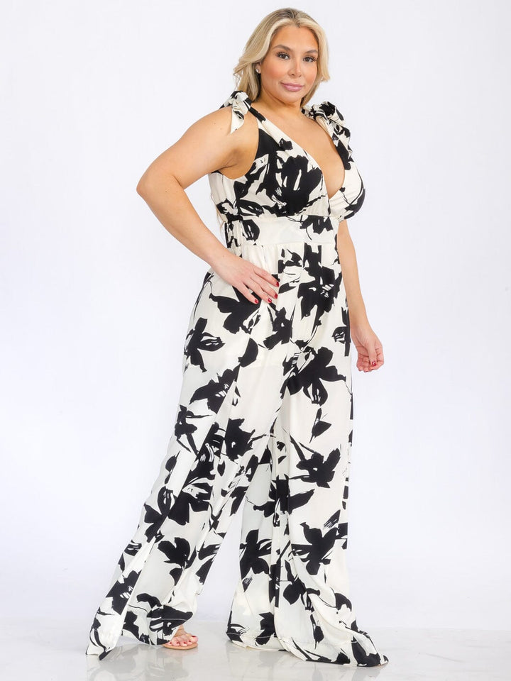 PLUS SIZE SLEEVELESS V-NECK OPEN BACK FLORAL WIDE LEG JUMPSUIT