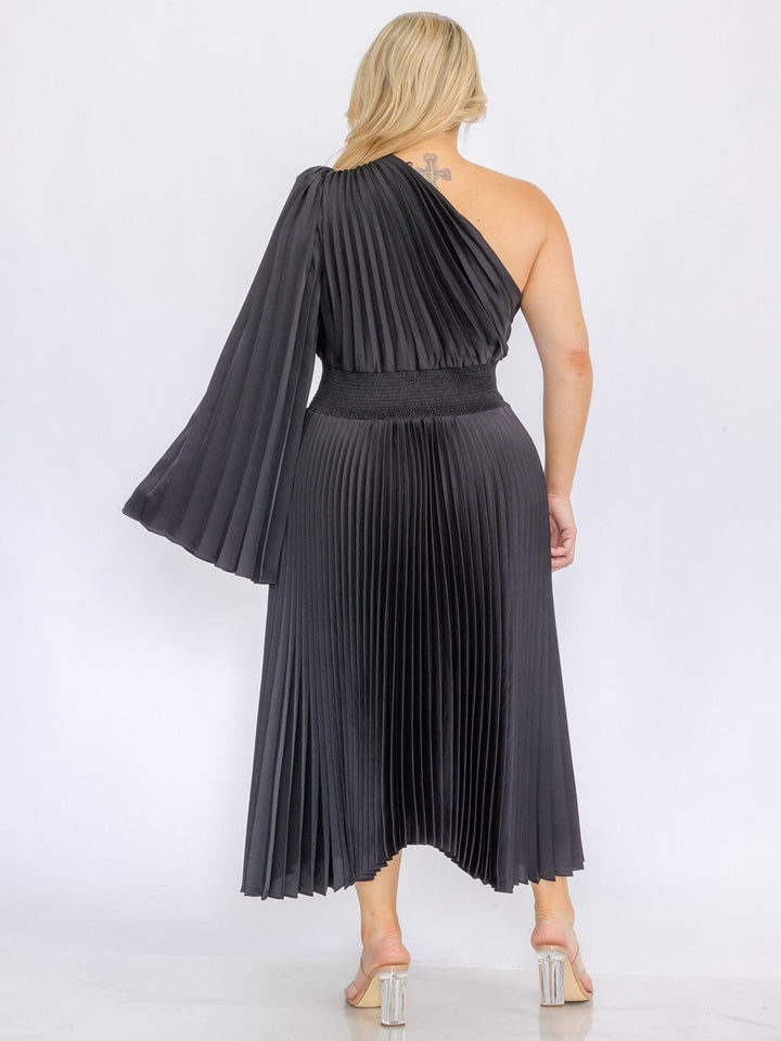 PLUS SIZE ONE SHOULDER LONG BELL SLEEVE SMOCK WAIST PLEATED MAXI DRESS