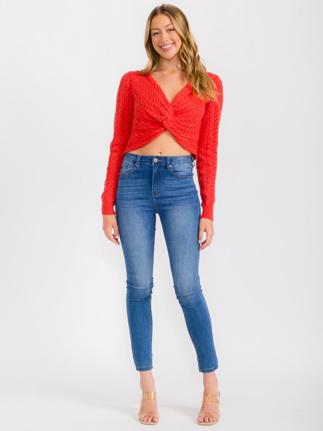 WOMEN'S LONG SLEEVES FRONT TWIST KNIT CROP TOP